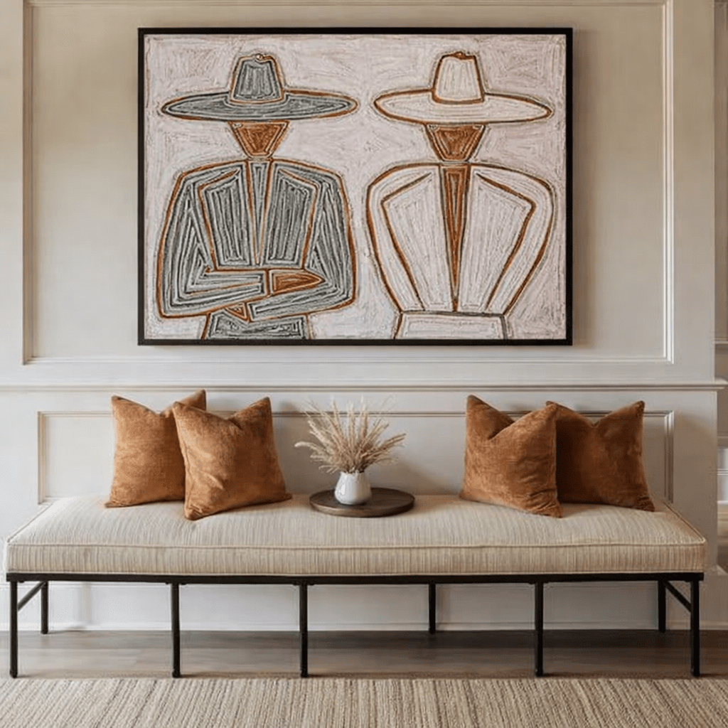 Cowboy Duet – Original Minimalist Figurative Painting in Sage, Ivory & Ochre | Chiara Rossetti Art modern abstract canvas wall art by Rossetti Art – luxury interior design artwork for living room, bedroom, office – figurative handmade wall art minimalist modern artwork