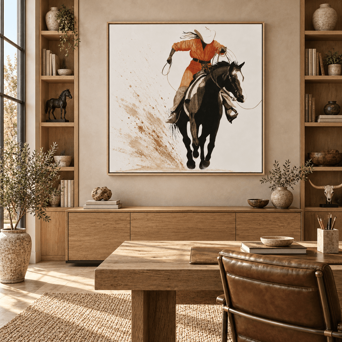 Western cowboy painting displayed on a home office wall – Rust and Rope by Rossetti Art