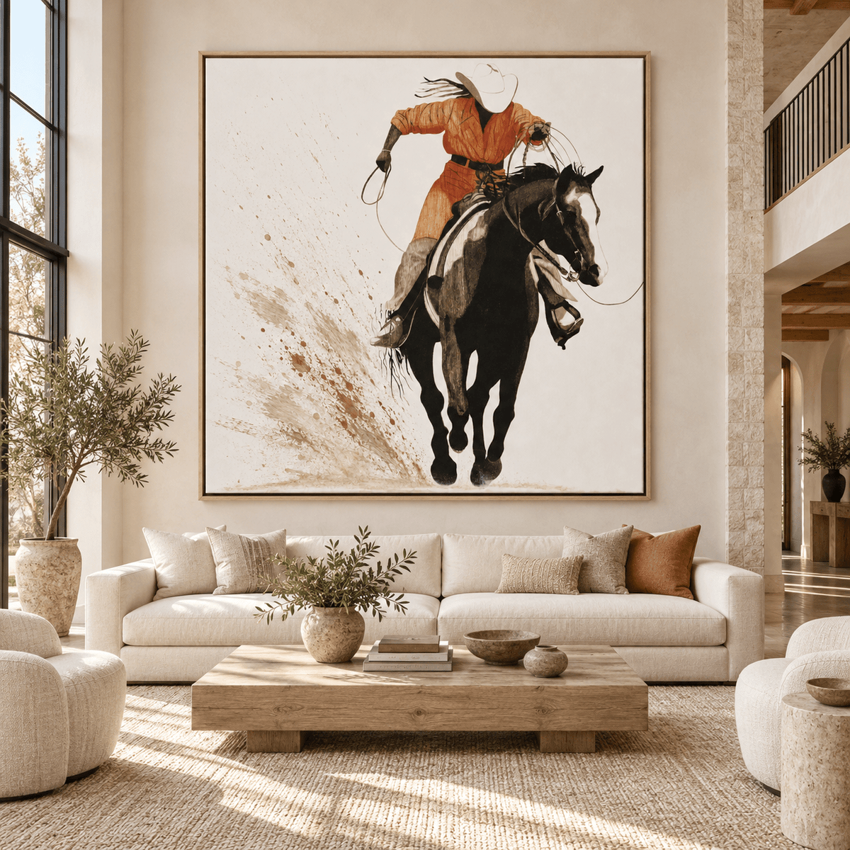 Cowboy painting hanging above a sofa in a living room – Rust and Rope by Rossetti Art