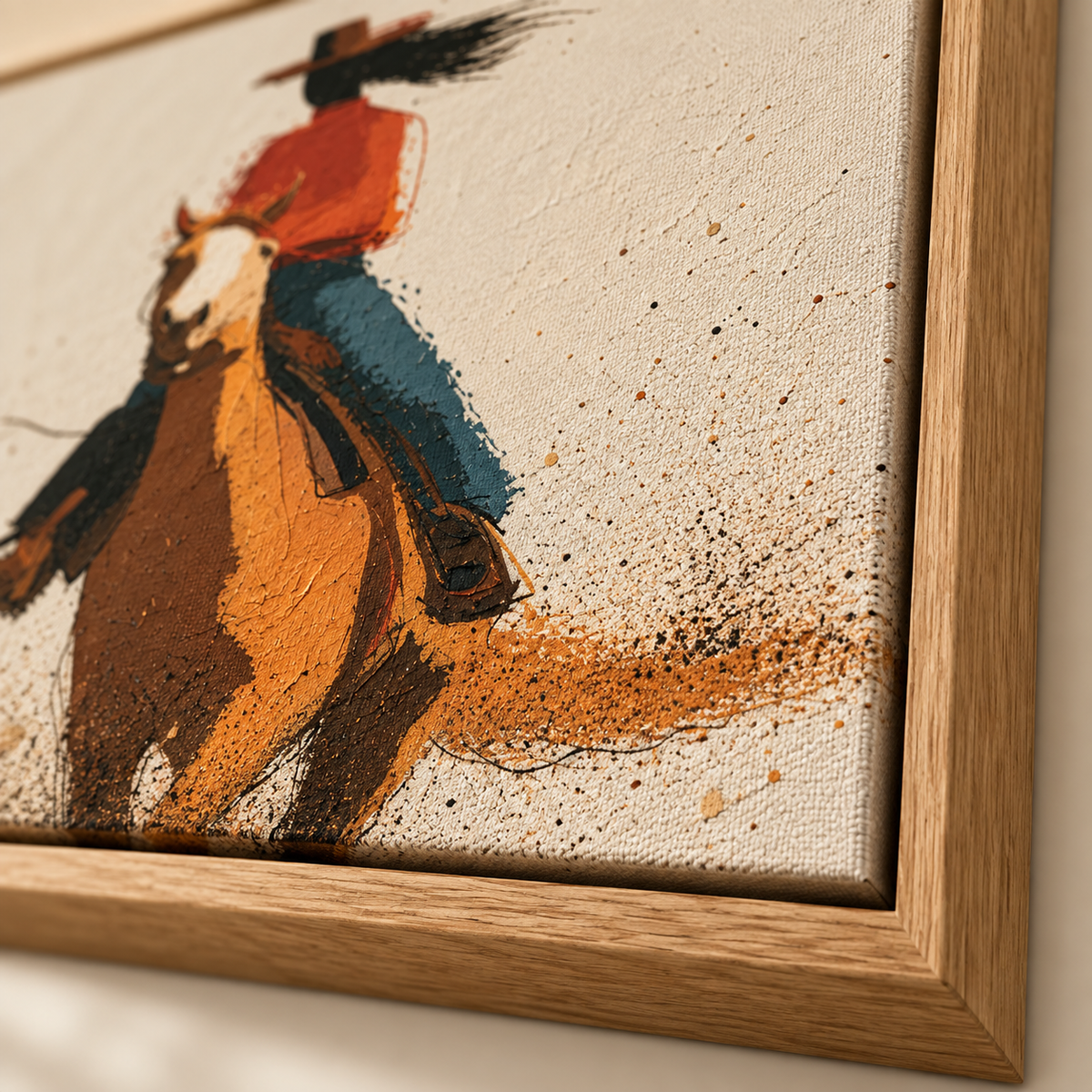 Close-up of cowgirl art canvas texture and wood floater frame – Dust Rider by Rossetti Art