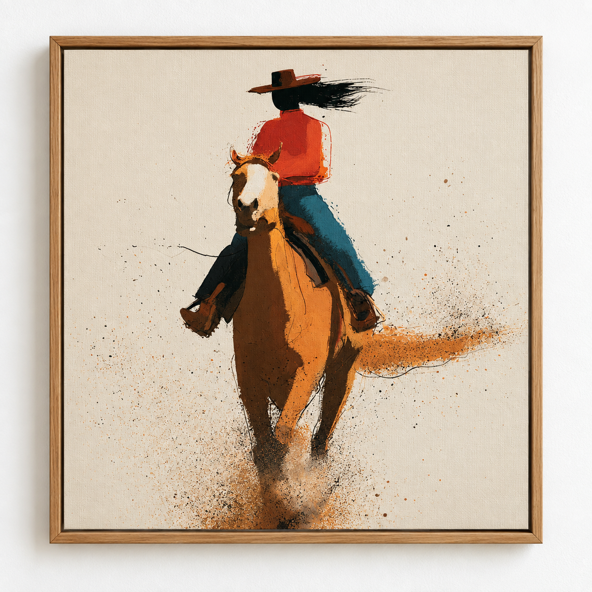 Cowgirl art canvas print of a galloping rider in a wood floater frame – Dust Rider by Rossetti Art