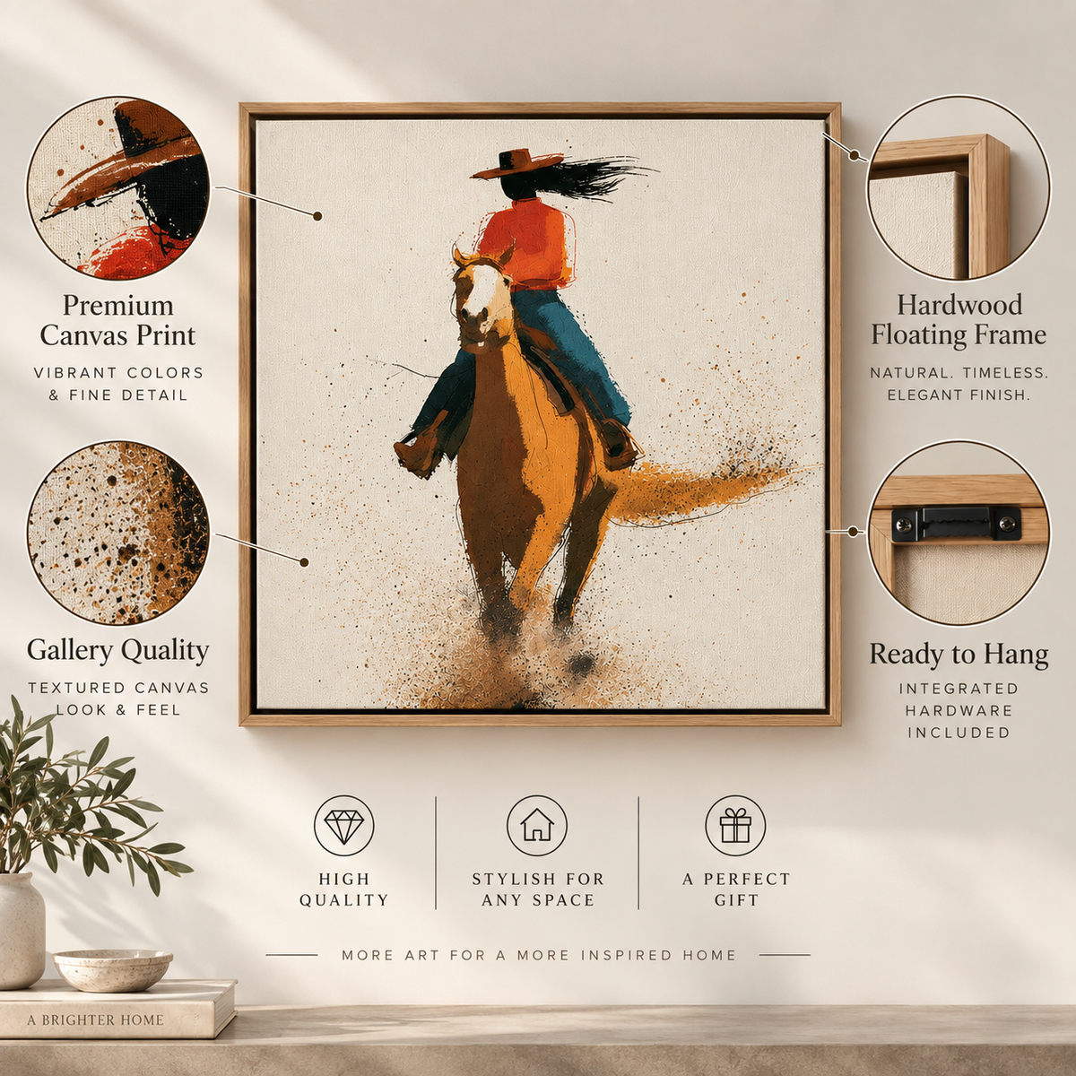 Cowgirl art canvas print features: hardwood floating frame, gallery quality, ready to hang – Dust Rider by Rossetti Art
