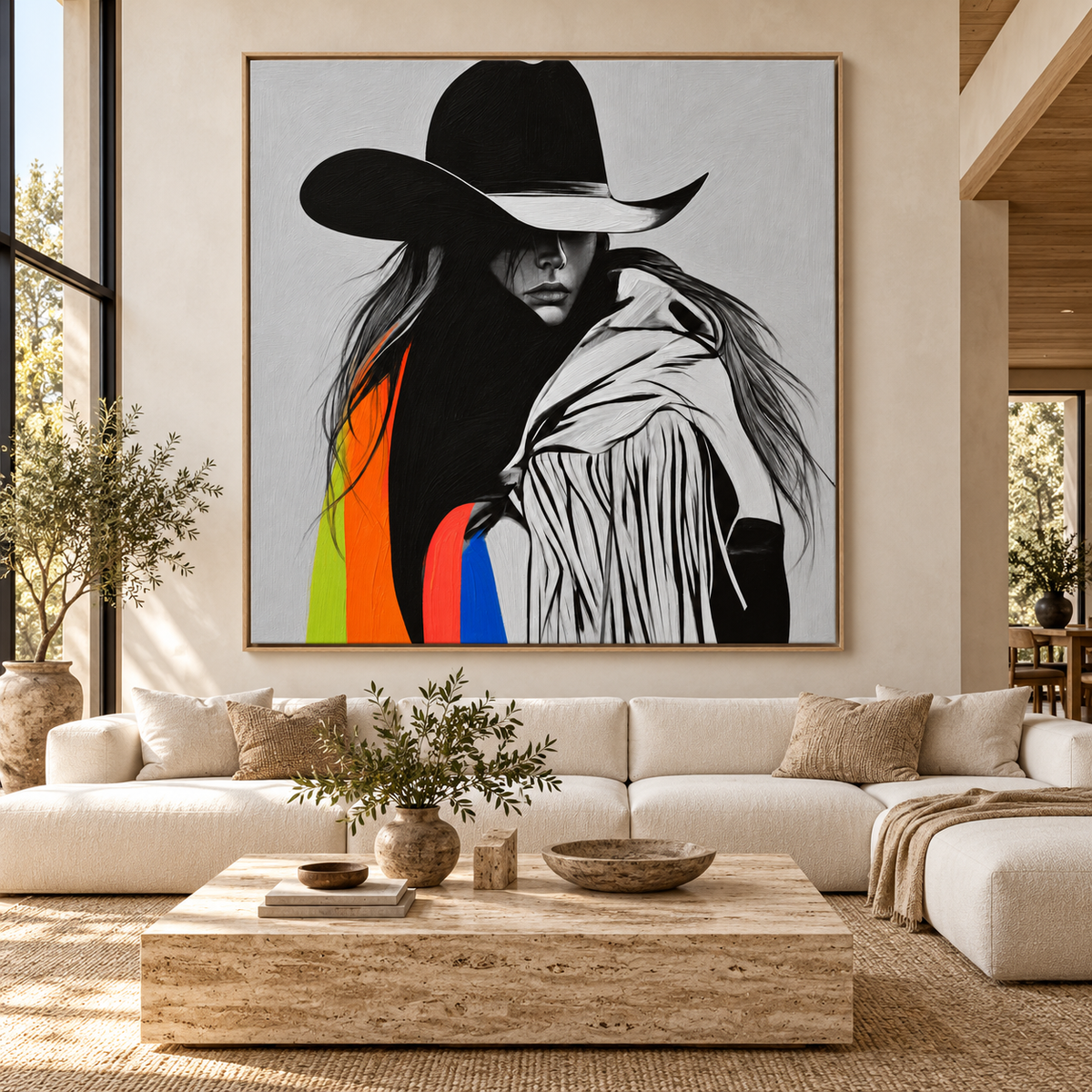 Cowgirl Canvas Art – Prism Drifter large square canvas above a cream sofa in a sunlit living room by Rossetti Art
