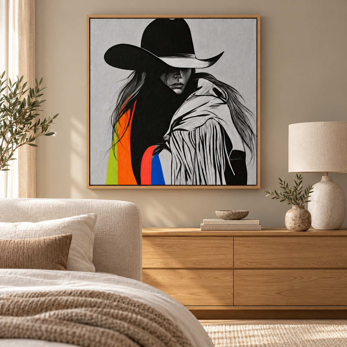 Cowgirl Canvas Art – Prism Drifter square canvas above a dresser in a calm bedroom by Rossetti Art
