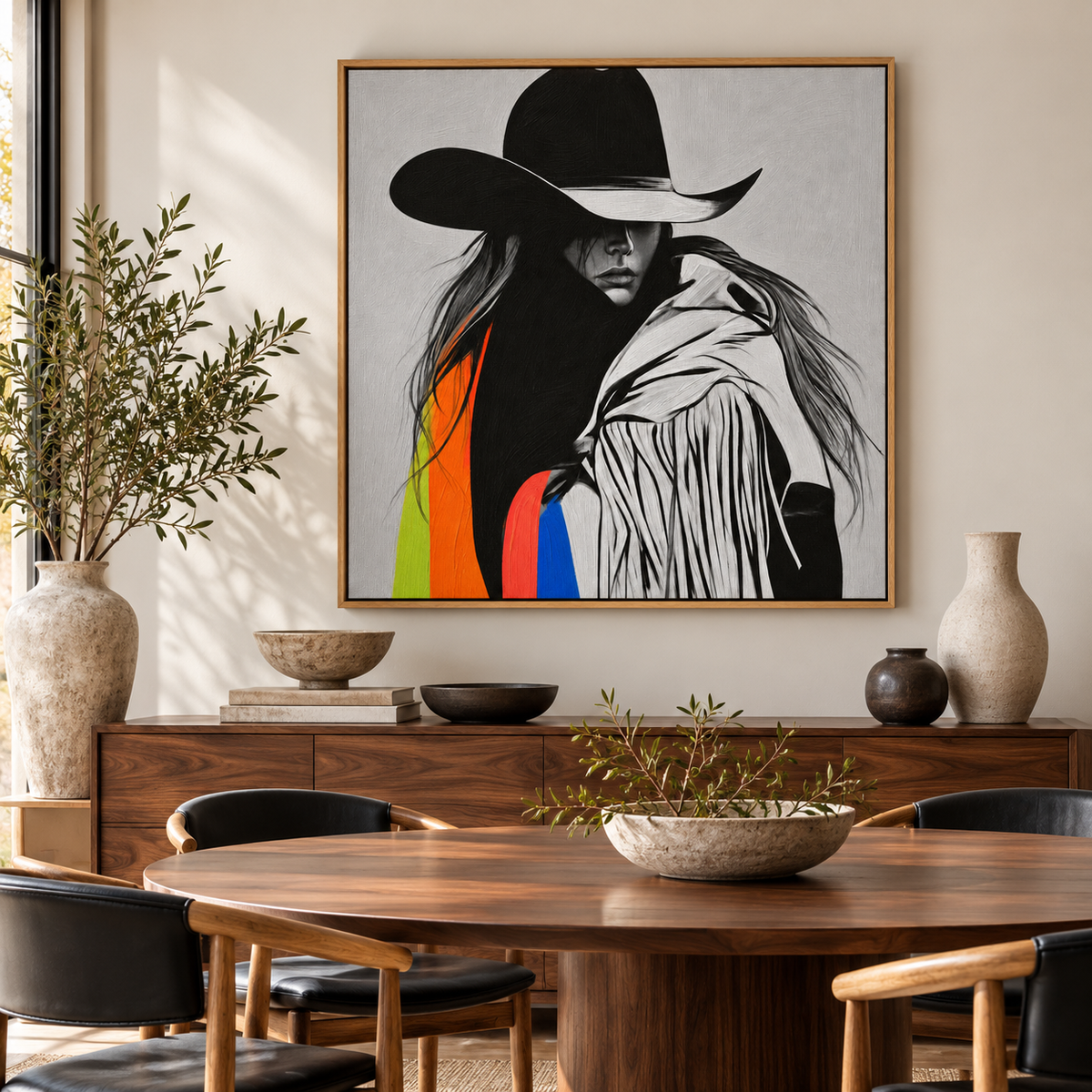 Black and White Cowgirl Wall Art – Prism Drifter canvas above a sideboard in a dining room by Rossetti Art