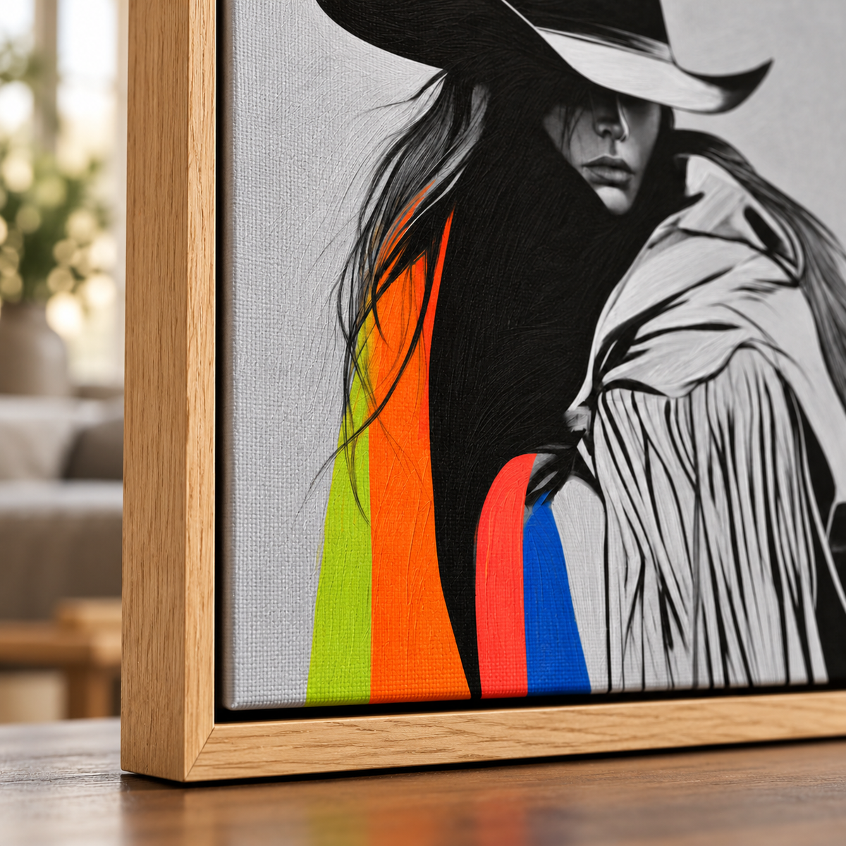 Cowgirl Canvas Art – close-up of neon stripes and brushed texture on the Prism Drifter canvas by Rossetti Art