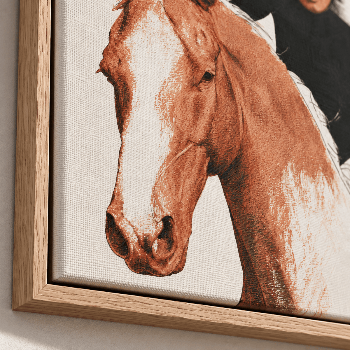 Close-up detail of the horse's face and oak floater frame – Golden Rein by Rossetti Art