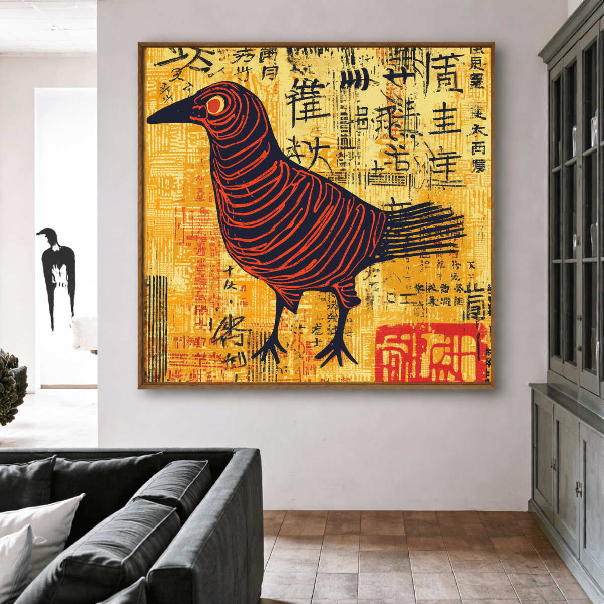 Crimson Bird on Gold Calligraphy Canvas Print Wall Art — Modern Pop Art Asian - Inspired Luxury Decor modern abstract canvas wall art by Rossetti Art – luxury interior design artwork for living room, bedroom, office – animals Chiara Rossetti square