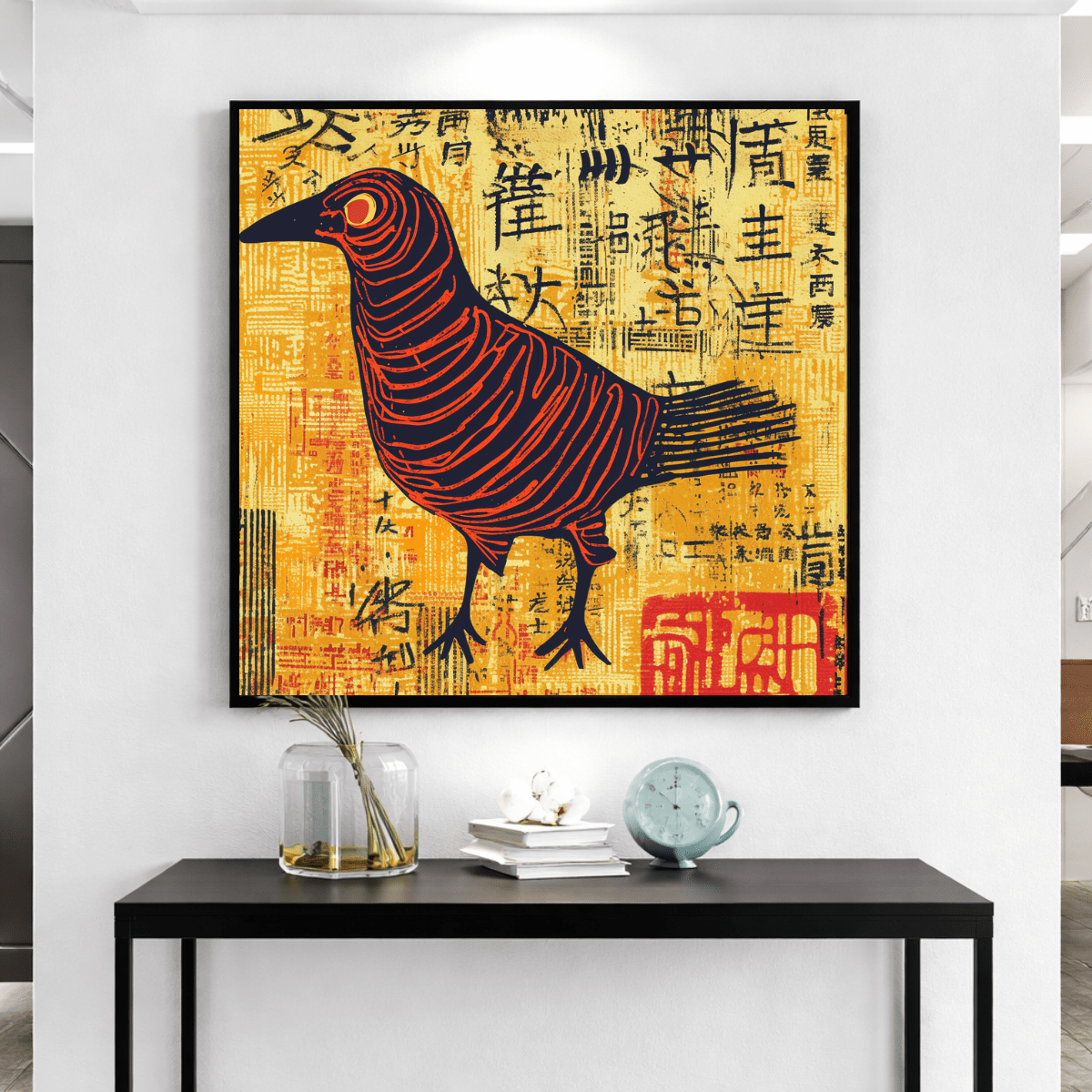 Crimson Bird on Gold Calligraphy Canvas Print Wall Art — Modern Pop Art Asian - Inspired Luxury Decor modern abstract canvas wall art by Rossetti Art – luxury interior design artwork for living room, bedroom, office – animals Chiara Rossetti square
