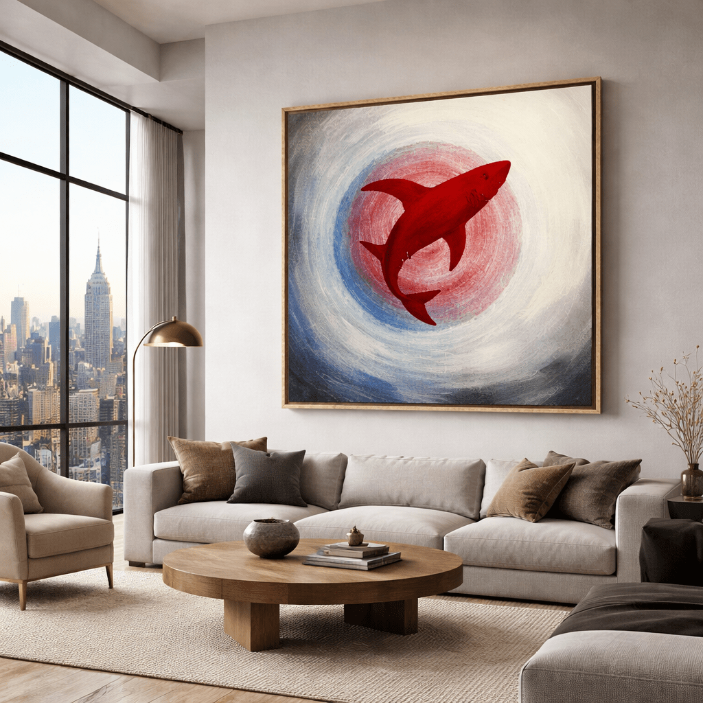Crimson Current – Modern Shark Wall Art | Abstract Shark Canvas Print for Luxury Home Decor modern abstract canvas wall art by Rossetti Art – luxury interior design artwork for living room, bedroom, office – animals botanical canvas print art