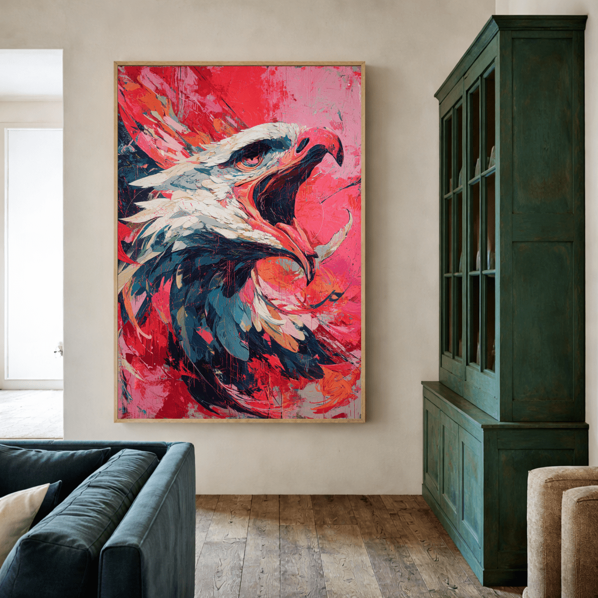 Crimson Eagle Cry — Original Abstract Expressionist Eagle Painting on Linen Canvas | Luxury Wall Art by Chiara Rossetti modern abstract canvas wall art by Rossetti Art – luxury interior design artwork for living room, bedroom, office – one of a kind canvas Original Animal original artwork for living room