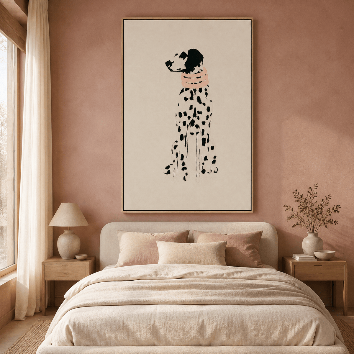 Dalmatian dog portrait wall art with black painted marks and coral-pink collar