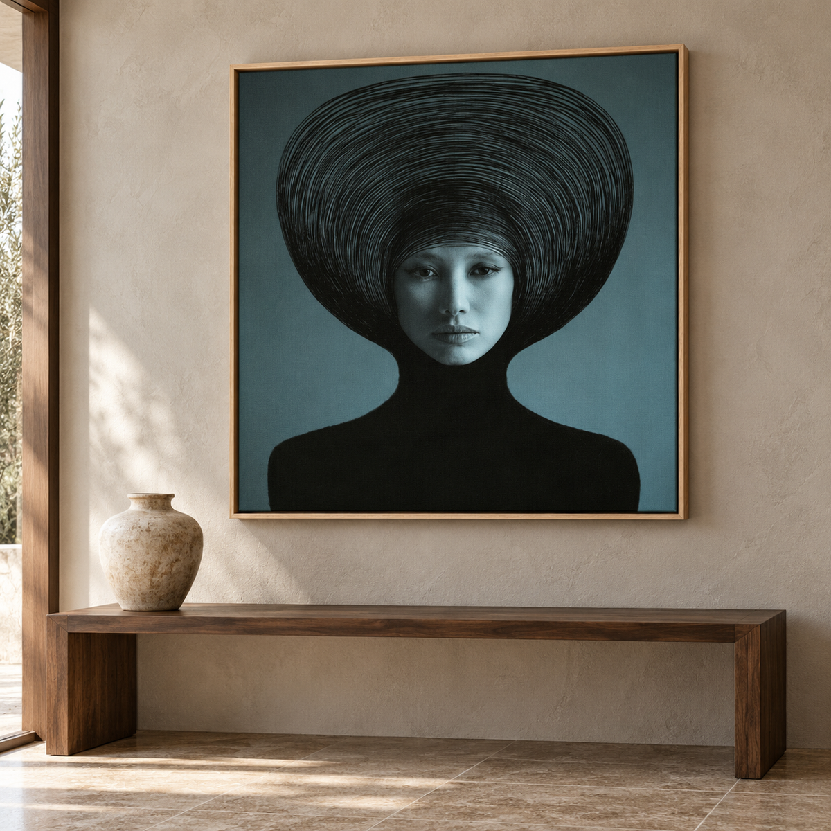 Dark Teal Wall Art Canvas Print – Wide Orbit teal portrait in an oak frame on a wall by Rossetti Art