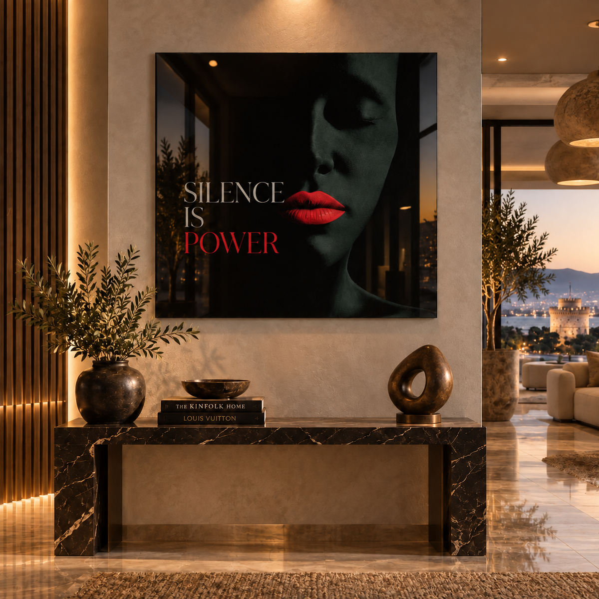 Dark wall art – Silence Is Power black acrylic print with bold red lips above a marble bench in a luxury hallway by Rossetti Art