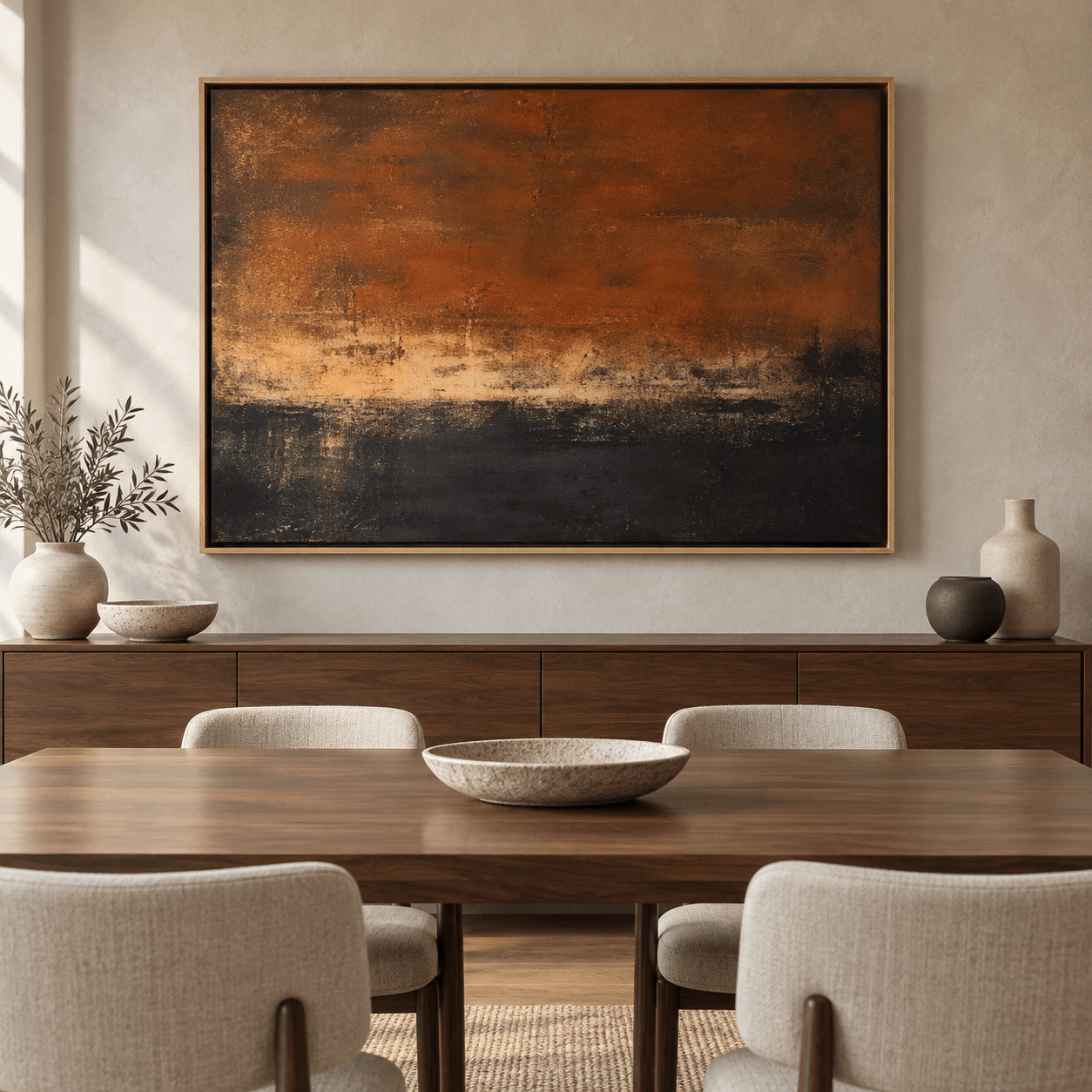 Desert sunset painting hung above a dining table in a warm neutral dining room – Scorched Horizon by Rossetti Art