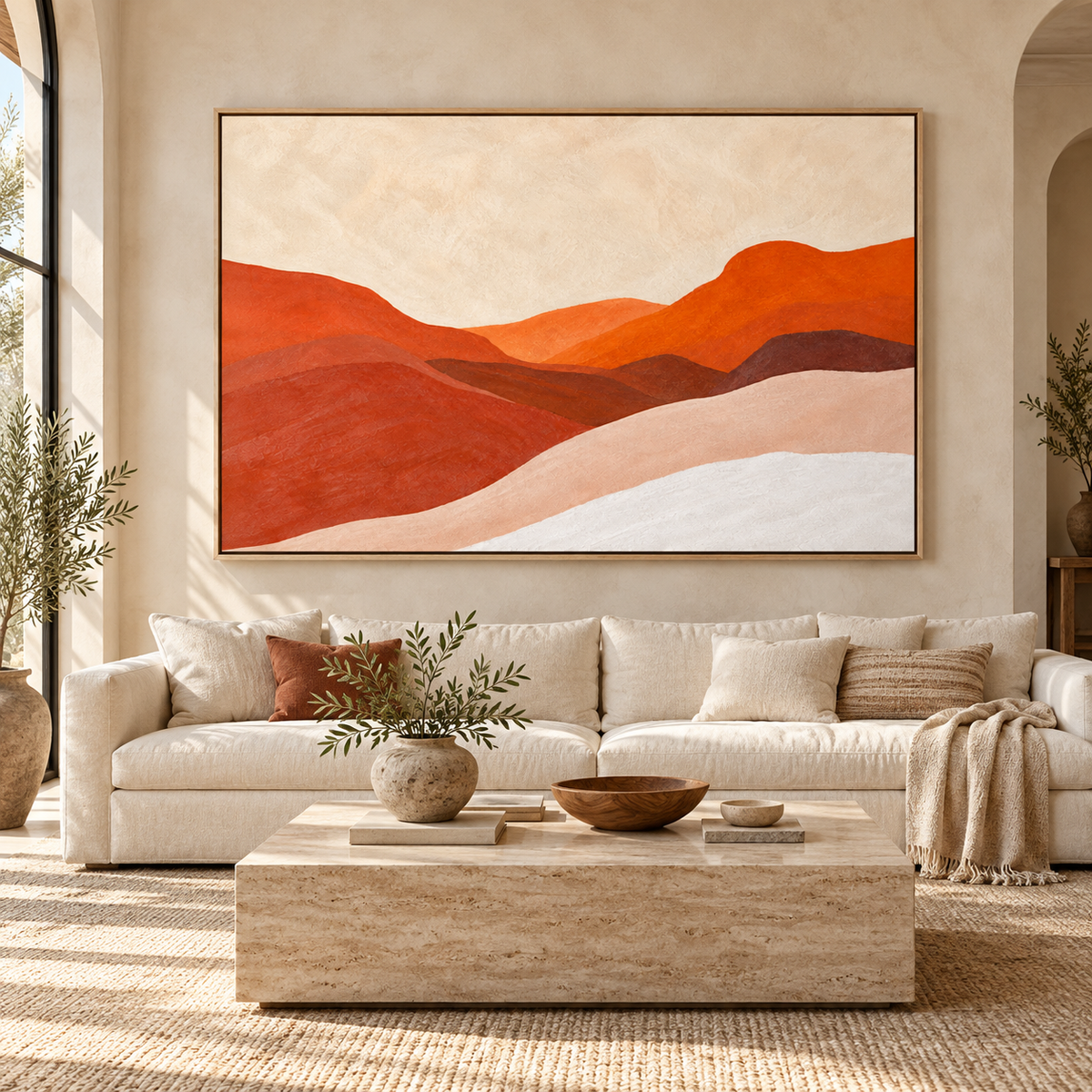 Desert Wall Art – Canyon Light canvas print by Rossetti Art above a cream sofa in a bright living room