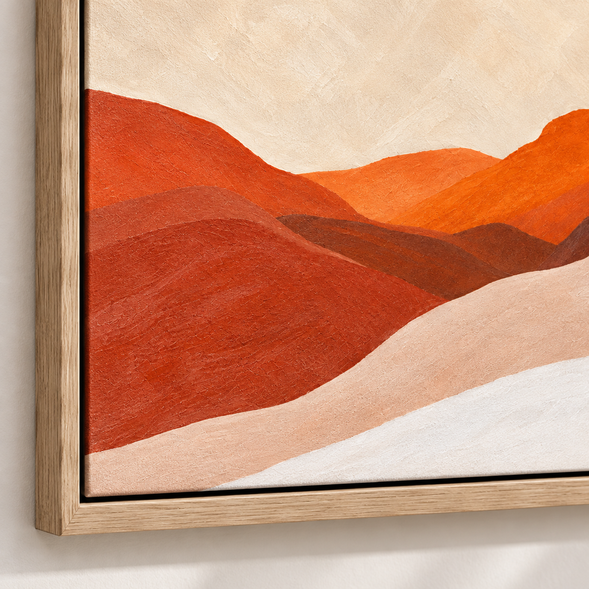 Desert Wall Art – Canyon Light canvas print by Rossetti Art, close-up of the oak floater frame corner and hill details