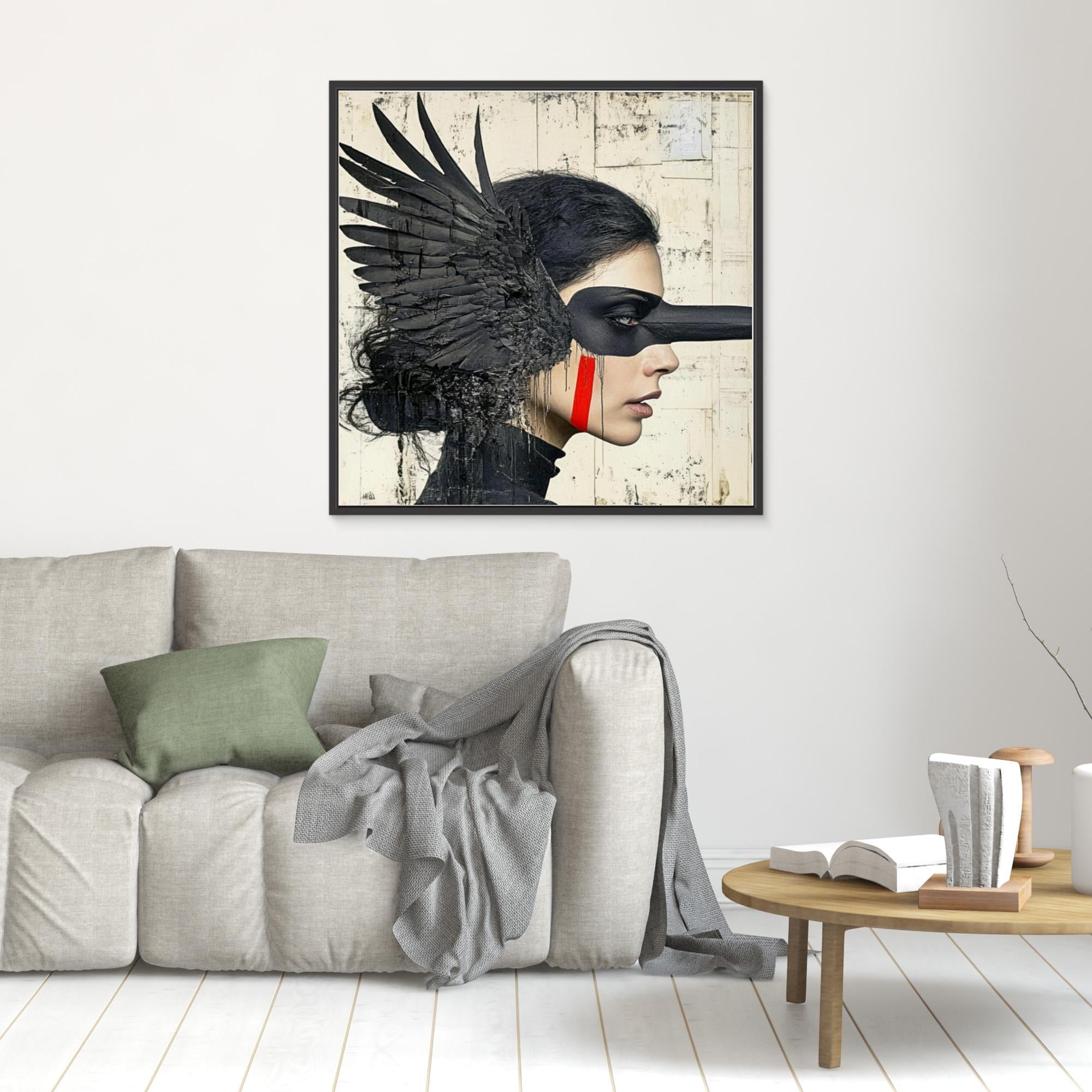 Canvas Print : Shadowed Wings - Modern Black Feathered Portrait Wall Decor