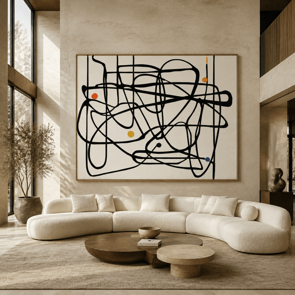 Tangled Orbit doodle wall art canvas print above a curved sofa in a modern living room