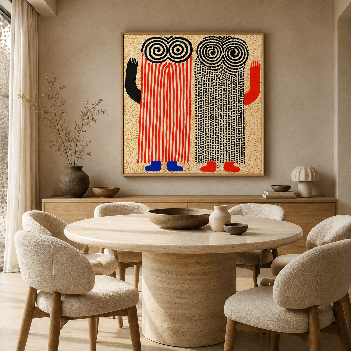 Spiral Sentinels folk-art canvas print displayed above a wooden sideboard in a bright, textural dining room