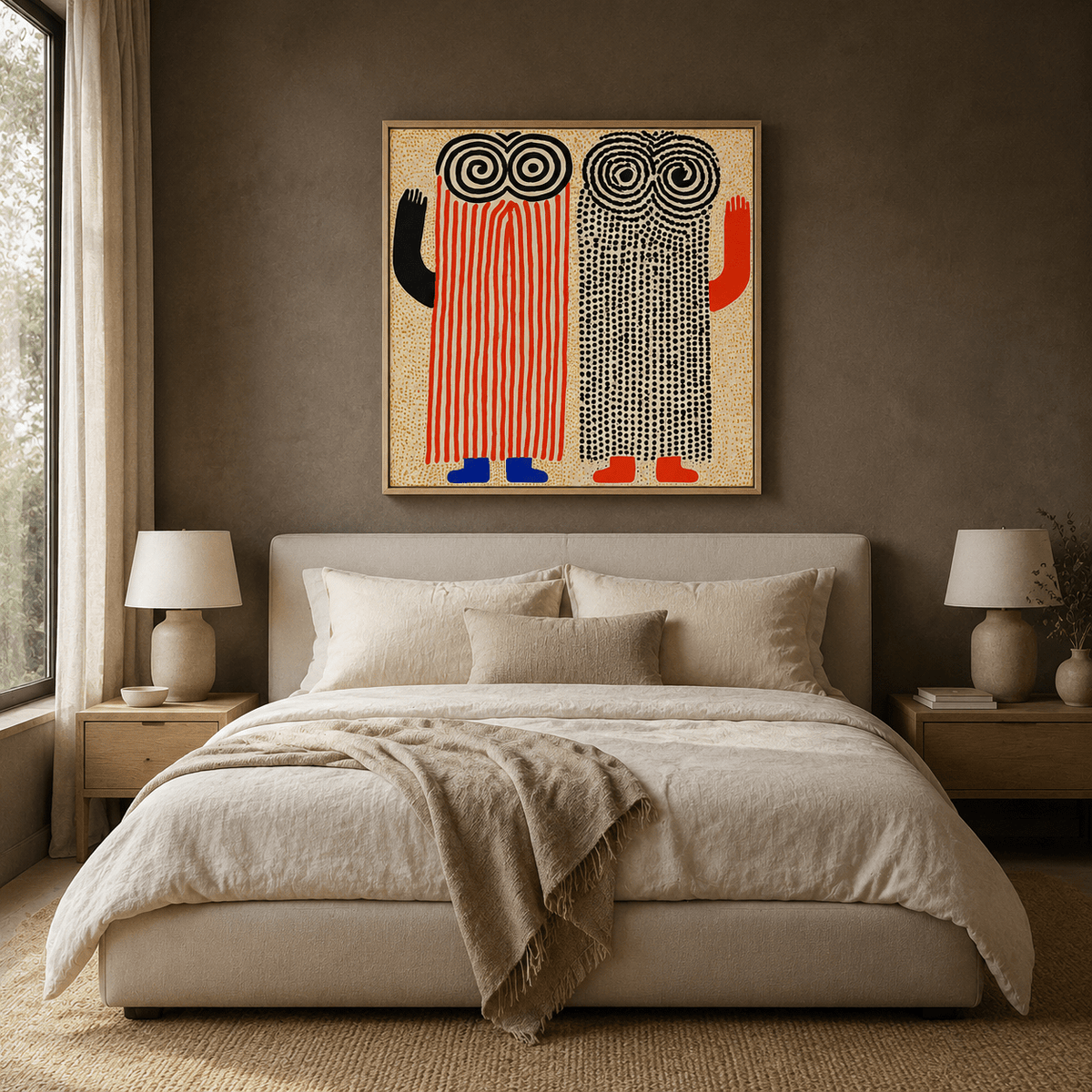 Spiral Sentinels eclectic wall art canvas print hung above a neutral bed in a warm, minimalist bedroom