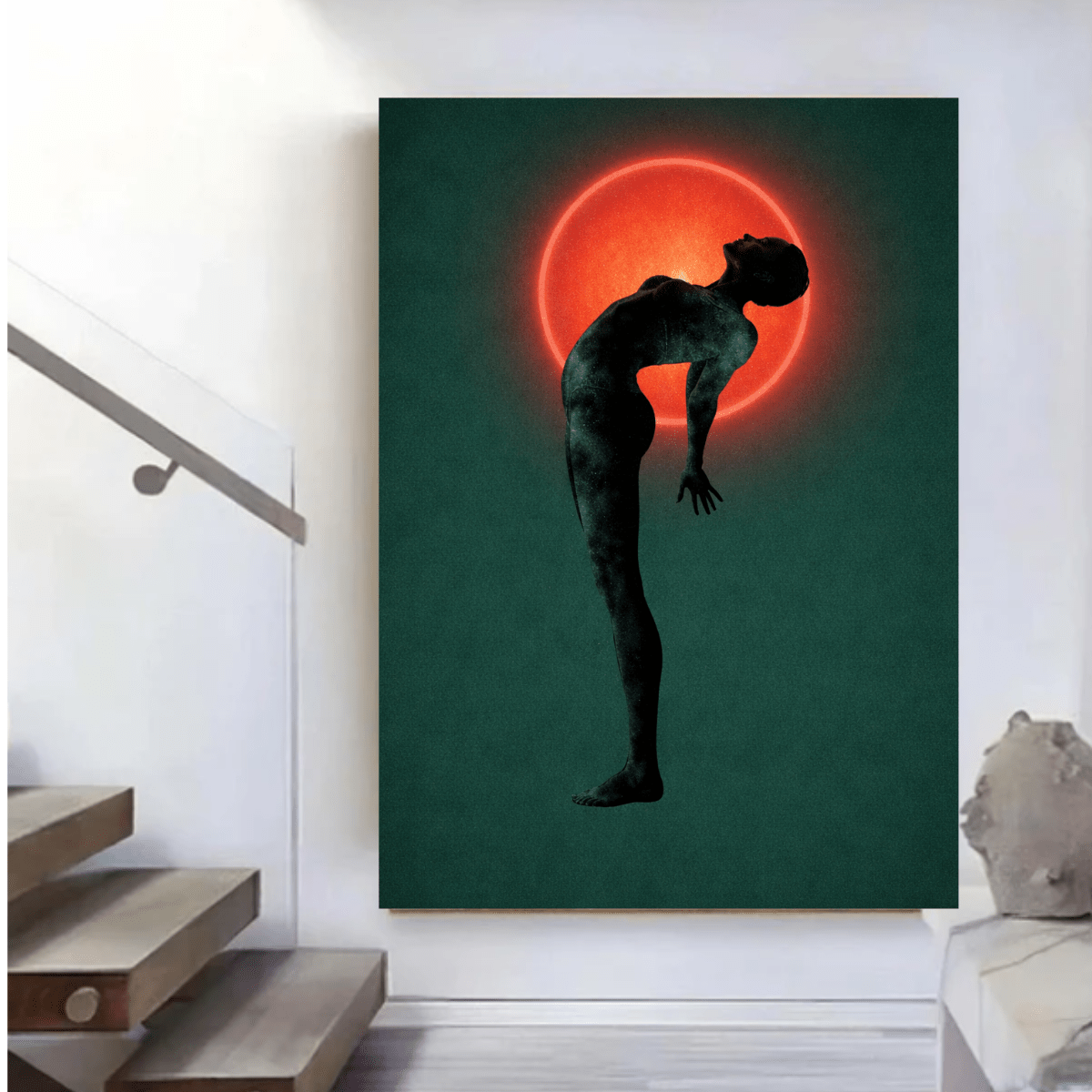 Eclipse Ascension Surreal Canvas Print – Teal & Crimson Halo Figure Wall Art modern abstract canvas wall art by Rossetti Art – luxury interior design artwork for living room, bedroom, office – figurative modern abstract modern abstract artwork