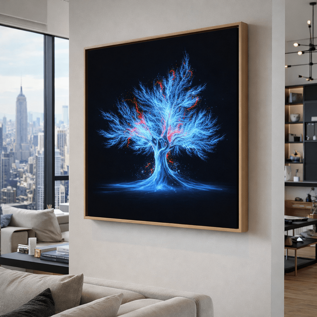 Electric Roots – Abstract Blue Energy Tree Canvas Print | Rossetti Art modern abstract canvas wall art by Rossetti Art – luxury interior design artwork for living room, bedroom, office – canvas print art Chiara Rossetti nature
