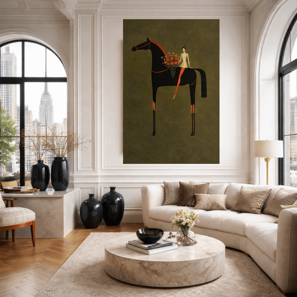 Elegant Woman on Black Horse Canvas Print – Surreal Floral Equestrian Wall Art, Luxury Modern Decor | Rossetti Art modern abstract canvas wall art by Rossetti Art – luxury interior design artwork for living room, bedroom, office – animals figurative modern abstract