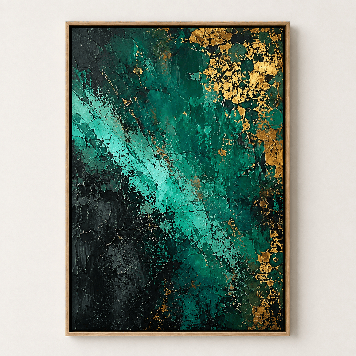 Emerald green painting with black textured ground and gold leaf accents – Emerald Undertow by Rossetti Art