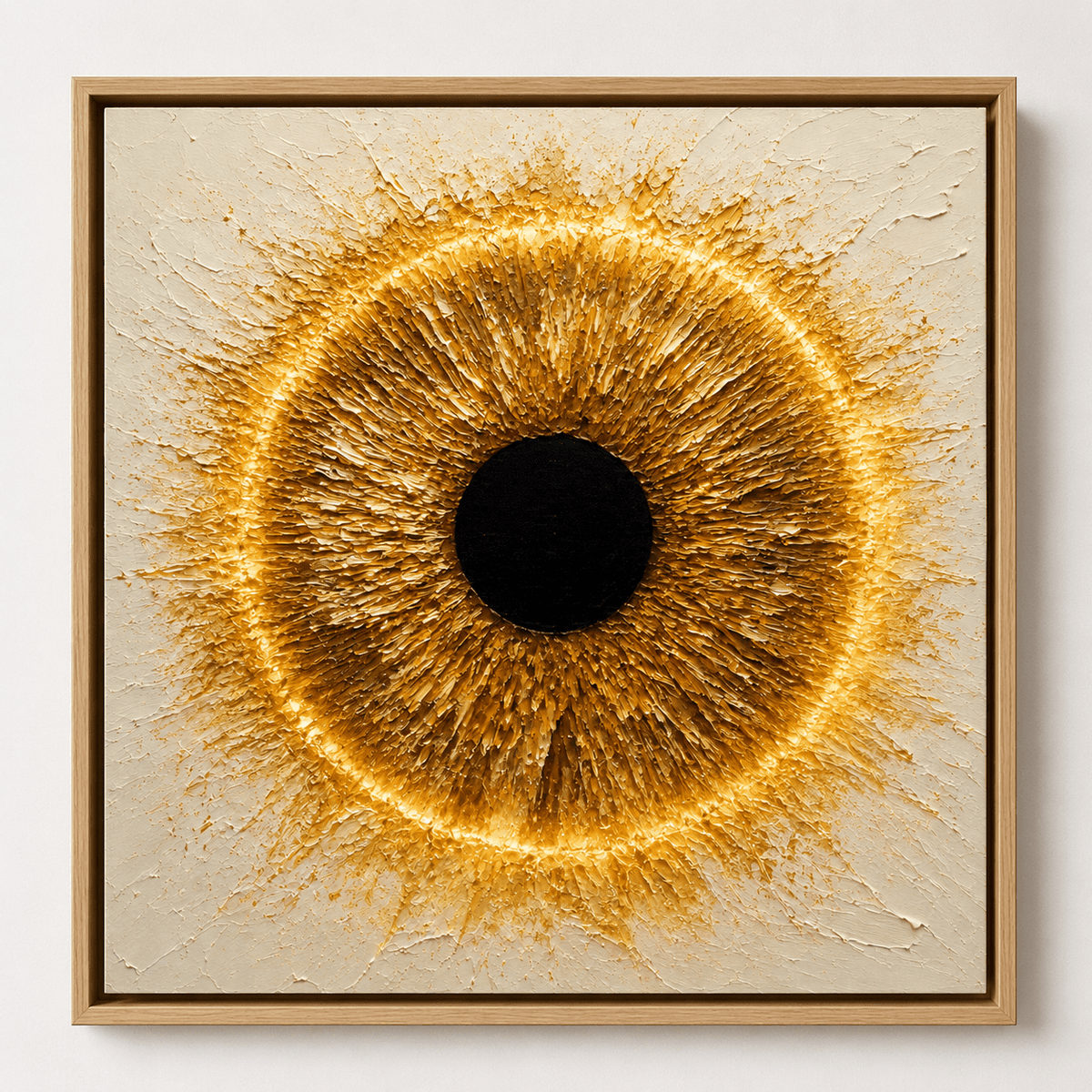Eye painting abstract canvas print in an oak frame, clean studio shot — Solar Iris by Rossetti Art