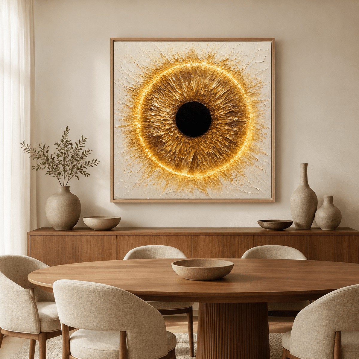 Eye painting abstract canvas print in an oak frame above a dining room sideboard — Solar Iris by Rossetti Art