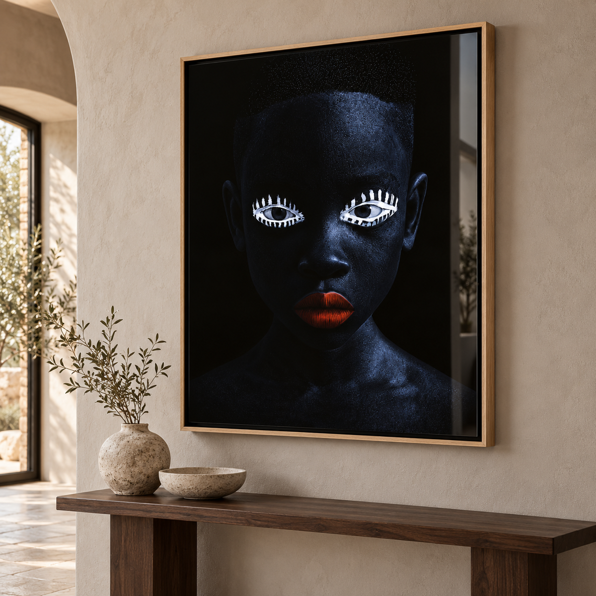Face Wall Art – Night Gaze acrylic print in a wabi-sabi entryway by Rossetti Art