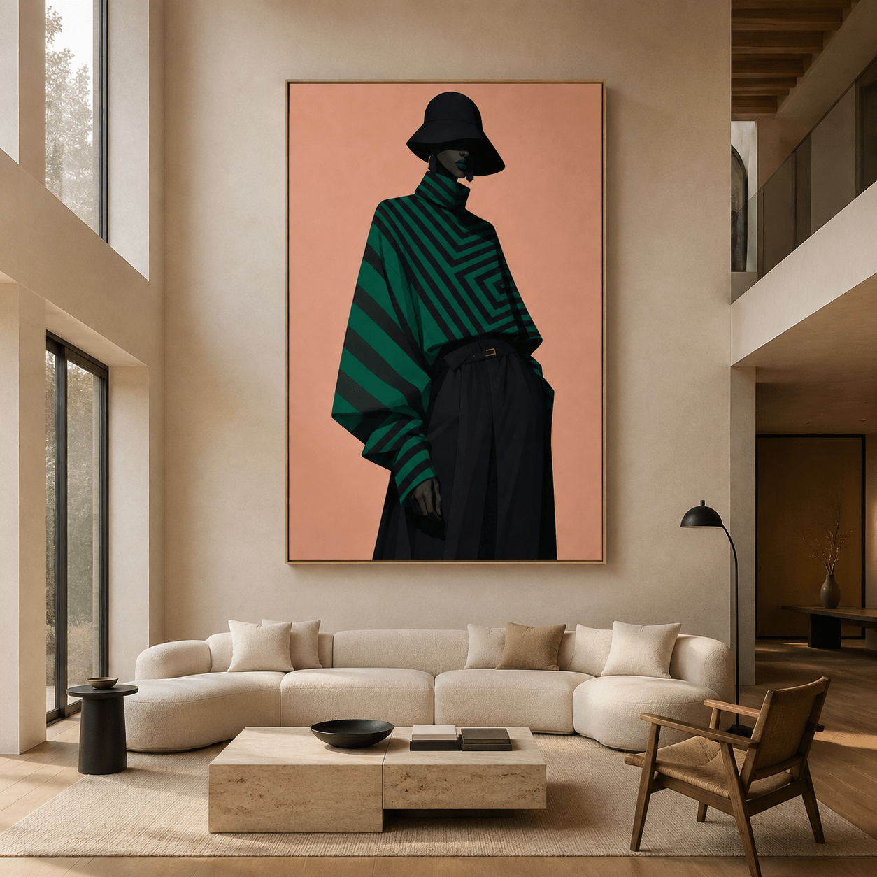 Fashion pop art canvas print, Emerald Cadence, displayed above a sofa in a modern living room