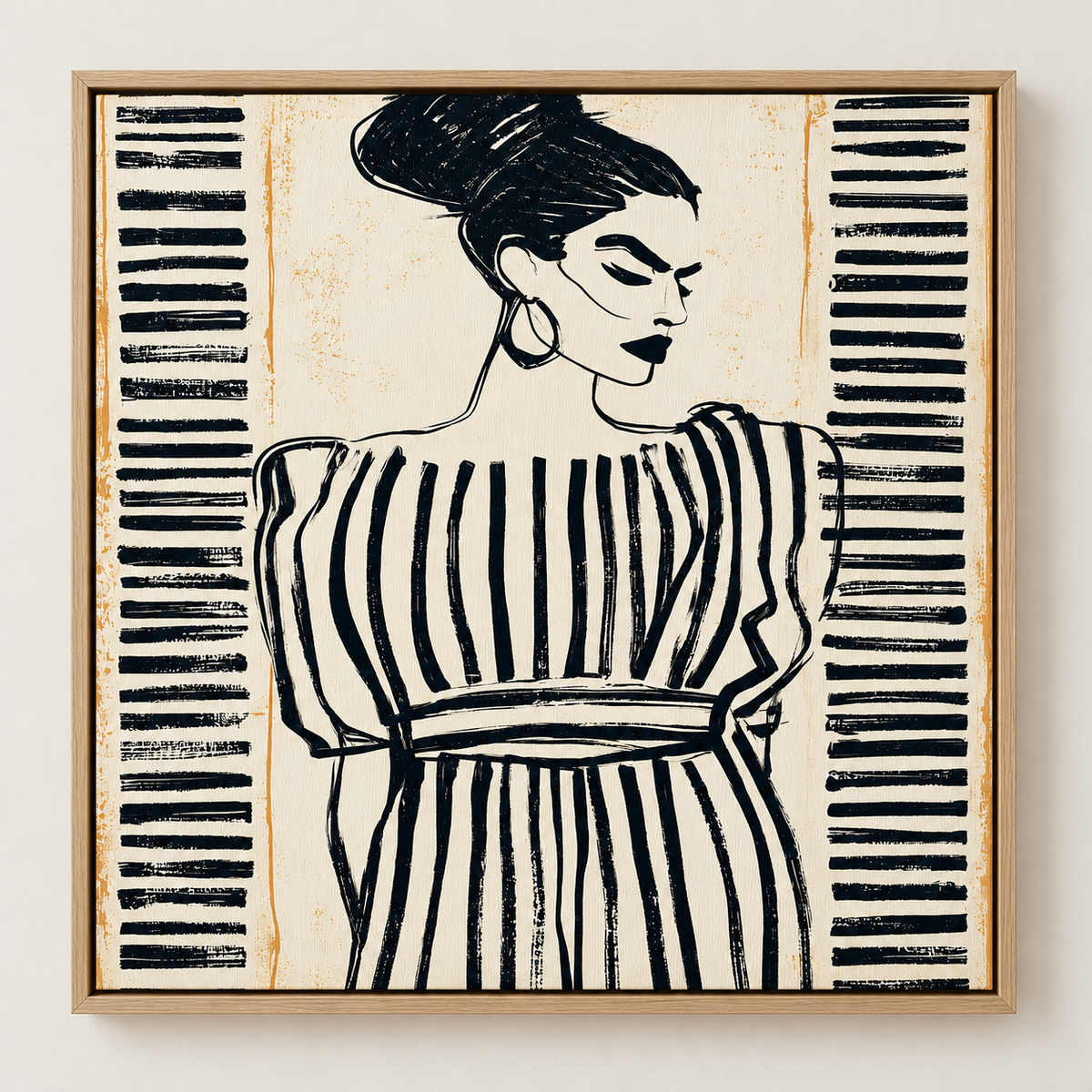 Feminine Wall Art – Striped Resolve by Rossetti Art, square canvas print of a poised woman in a striped dress in black ink on cream