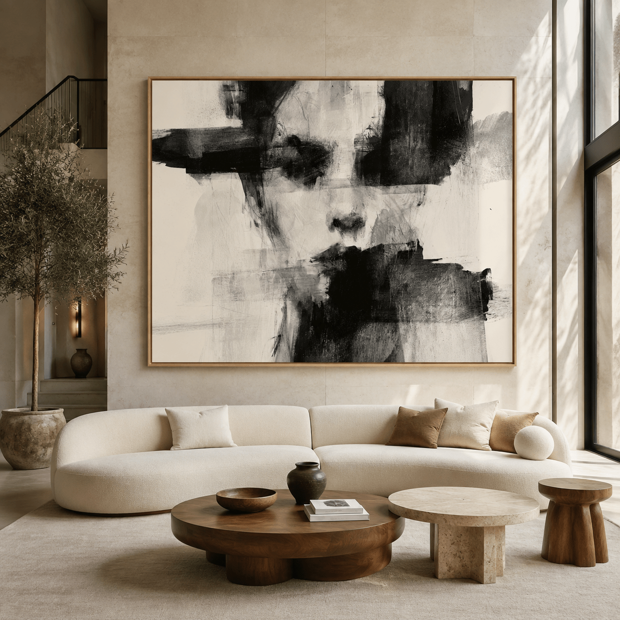 Fading Likeness figurative abstract painting canvas print above a curved sofa in a modern living room