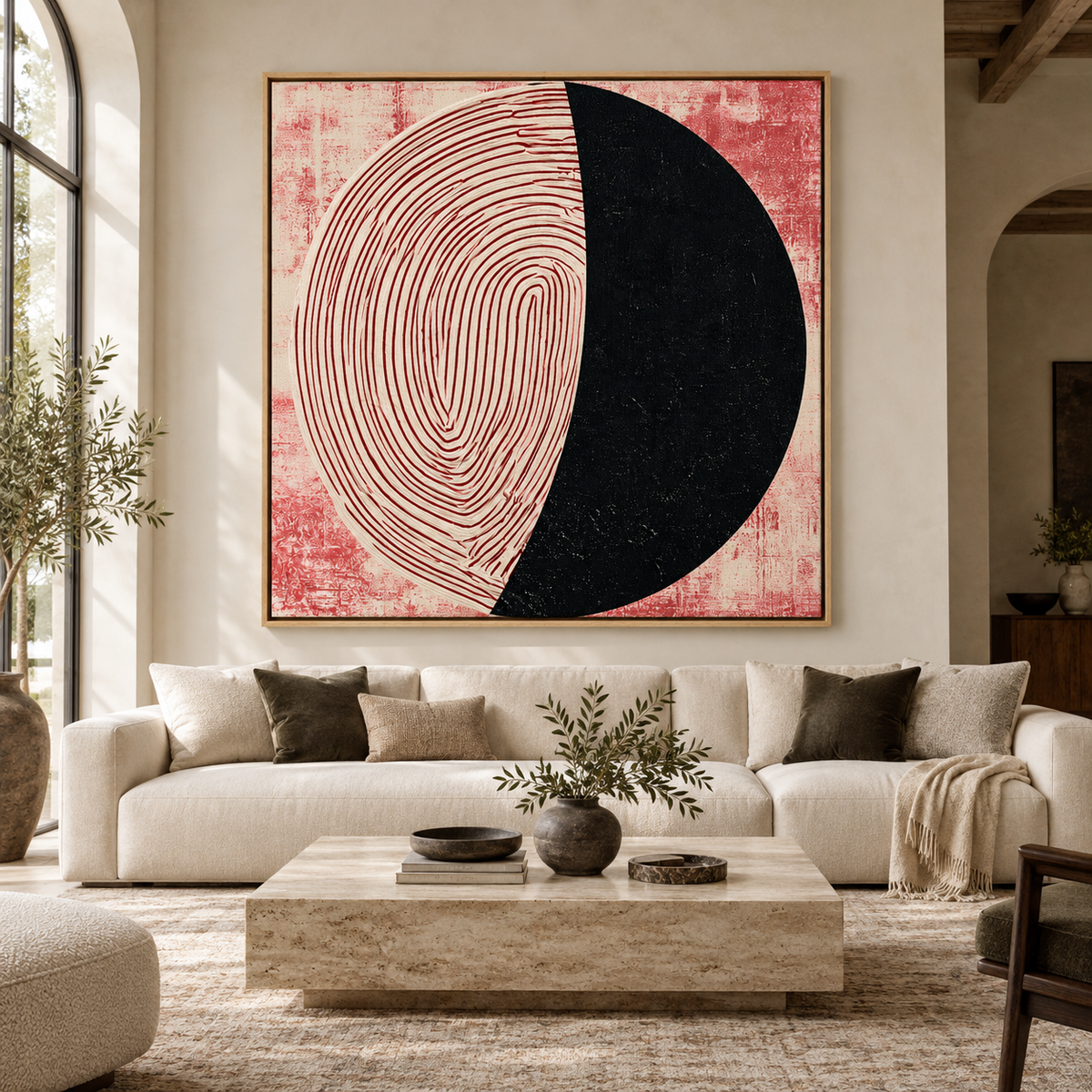 Fingerprint Wall Art Canvas Print – Fingerprint Eclipse by Rossetti Art, square red, cream and black canvas above a sofa