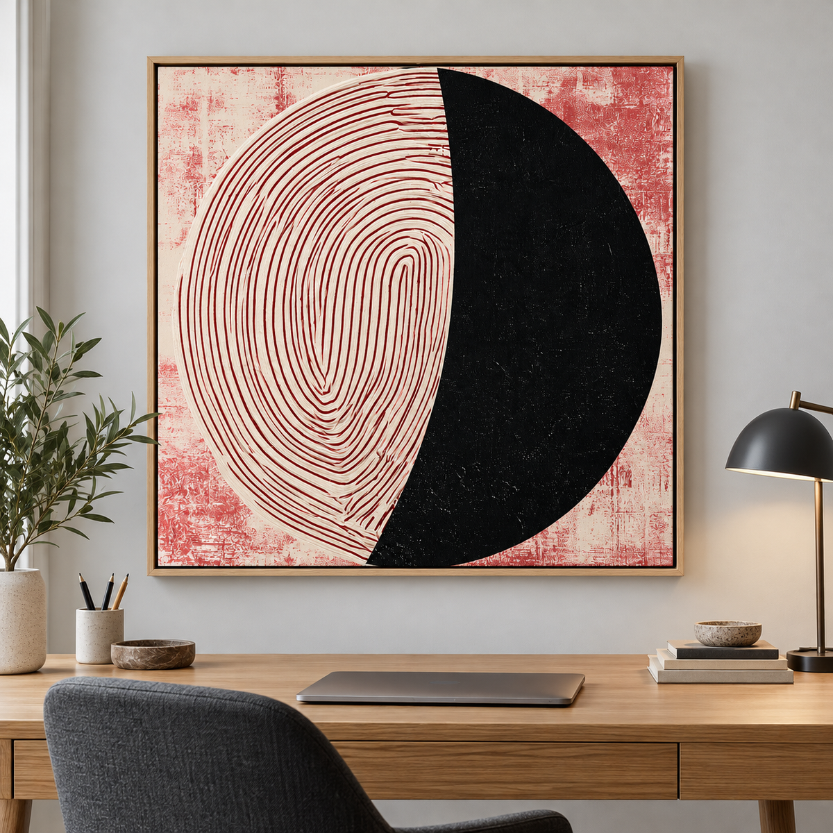 Fingerprint Wall Art Canvas Print – Fingerprint Eclipse by Rossetti Art, spiral crescent canvas in a styled room
