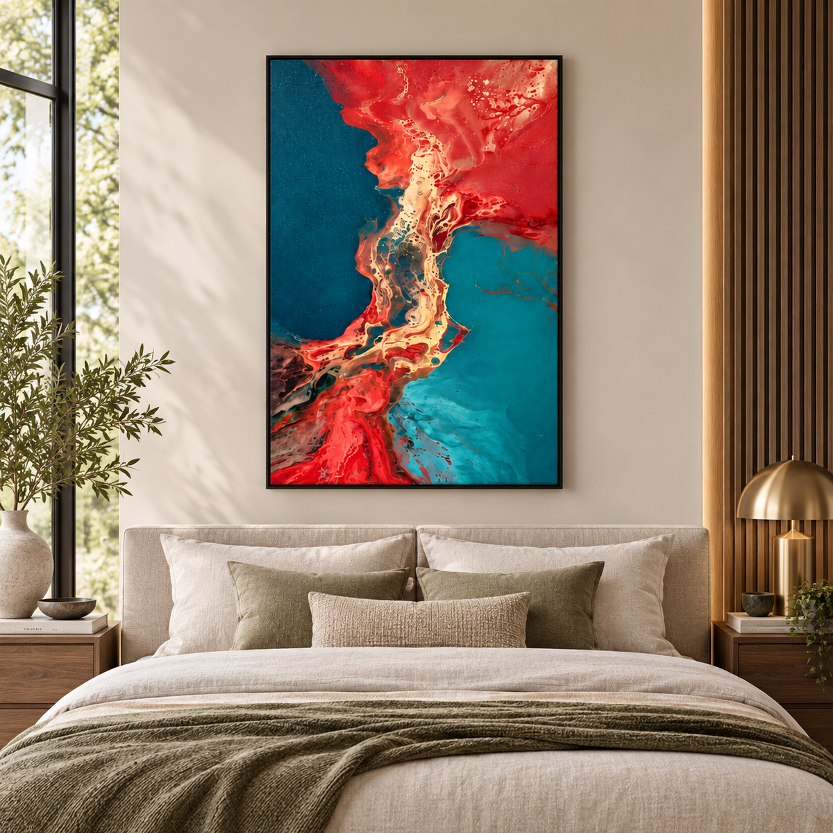 Fluid art – Molten Delta red, coral and teal abstract acrylic print in a black frame above a bed in a warm bedroom by Rossetti Art