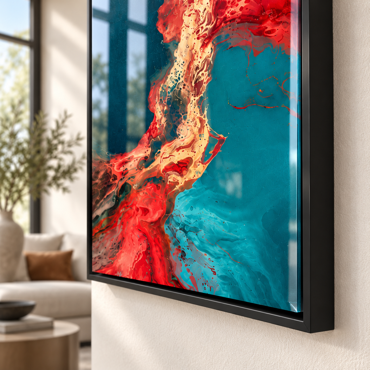 Fluid art – close-up of the glossy acrylic surface and black floater frame corner of Molten Delta acrylic print by Rossetti Art