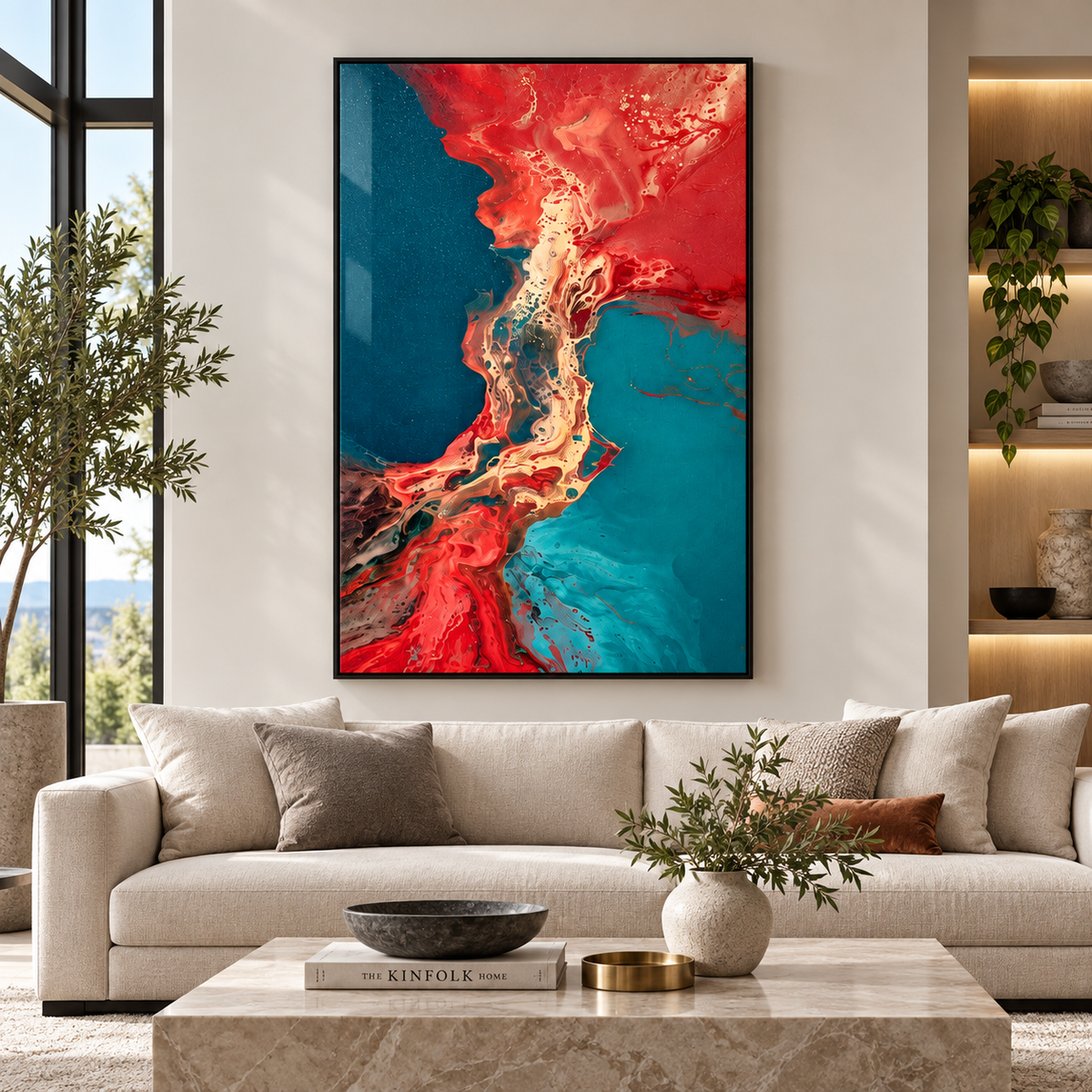 Fluid art – Molten Delta red, coral and teal abstract acrylic print in a black frame above a cream sofa in a bright living room by Rossetti Art