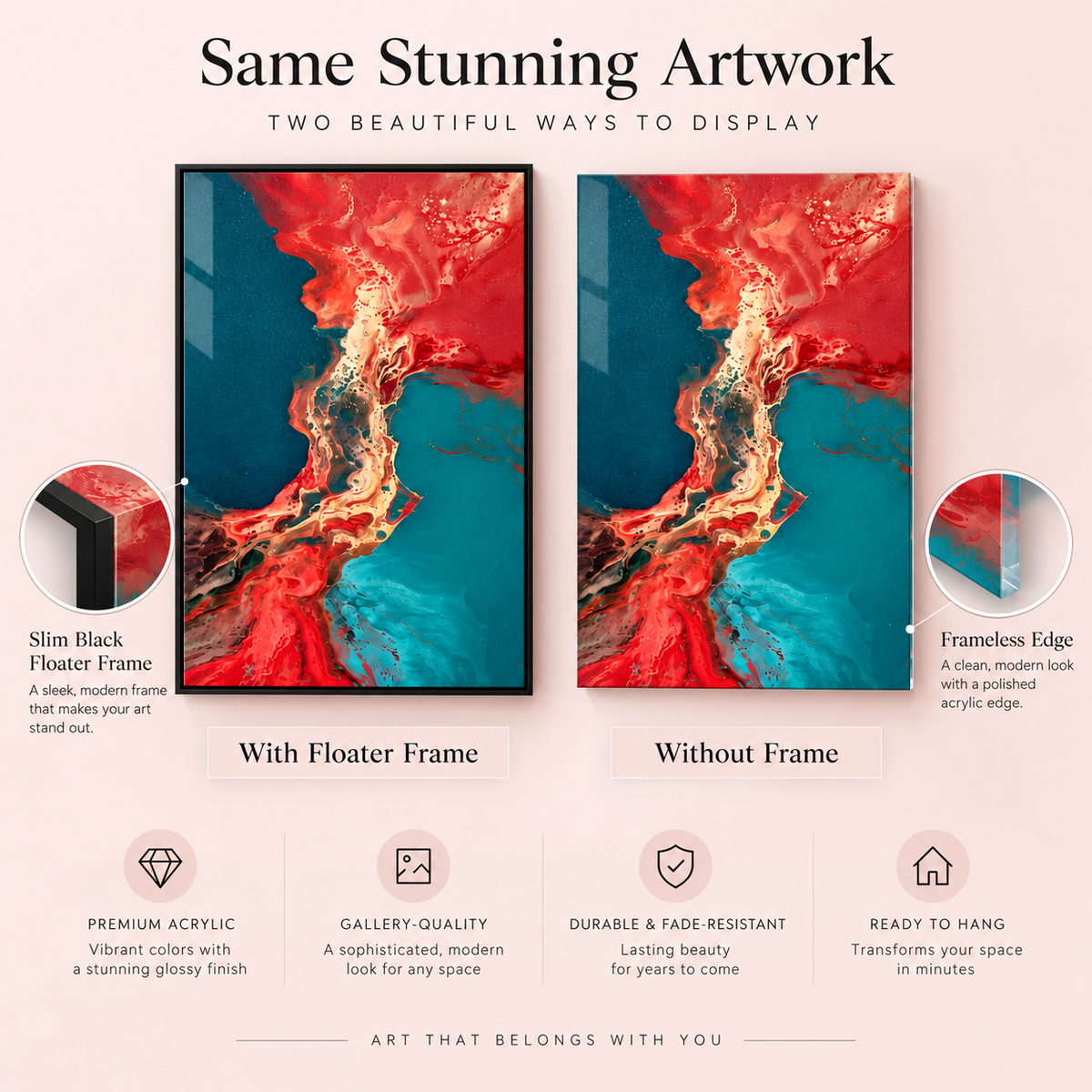 Fluid art – Molten Delta acrylic print shown with a slim black floater frame and without a frame with a polished acrylic edge by Rossetti Art