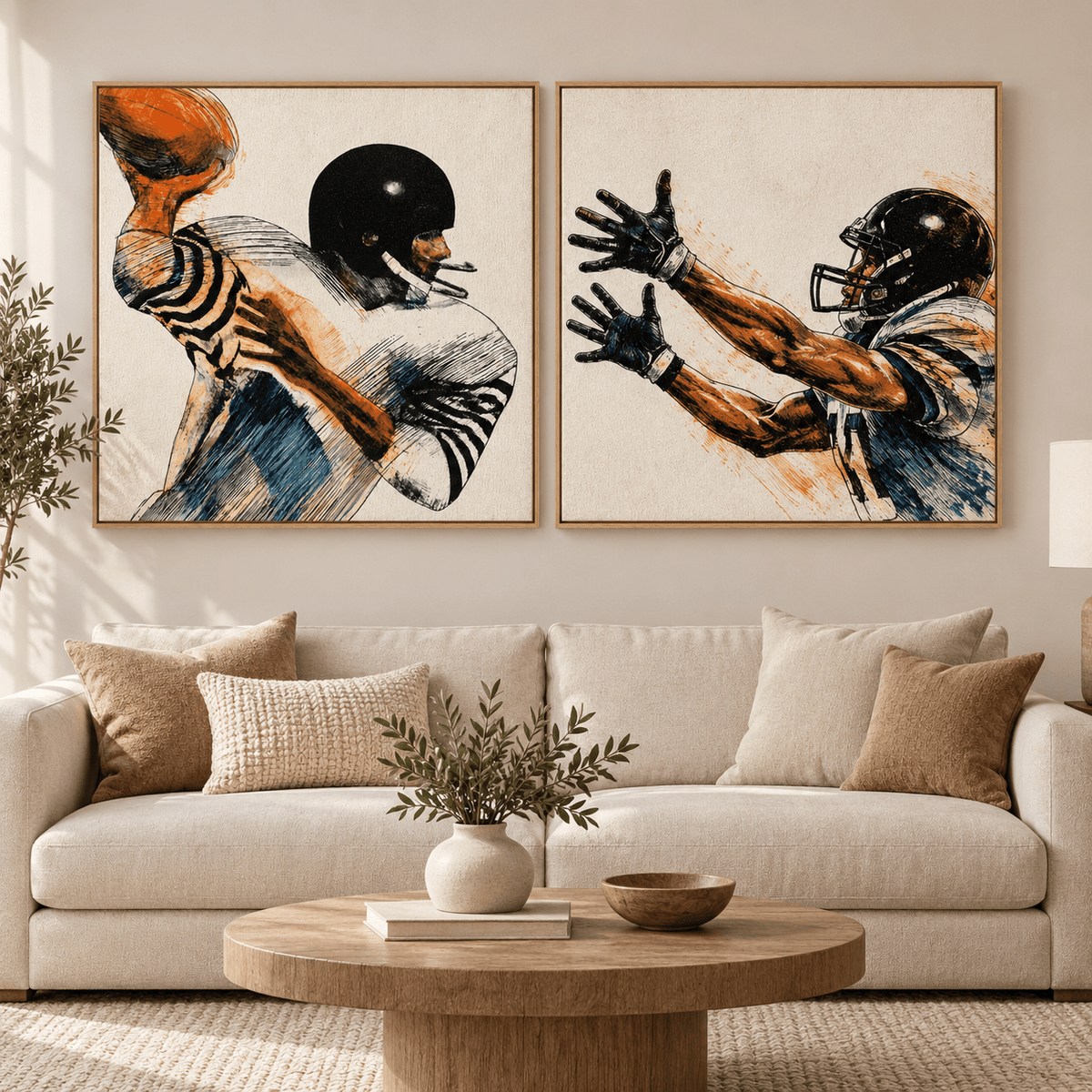 Football wall art set of 2 canvas prints — Gridiron Motion and The Catch by Rossetti Art, above a beige living room sofa