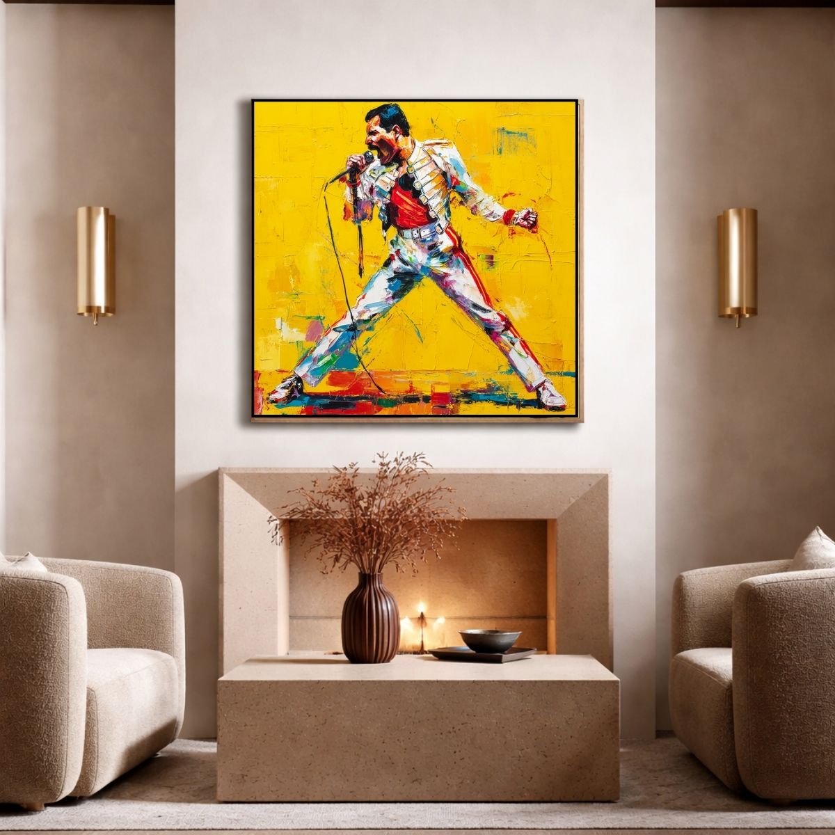 Freddie Mercury Portrait - Original Artwork Painting (Freddie Mercury Art) modern abstract canvas wall art by Rossetti Art – luxury interior design artwork for living room, bedroom, office – original music square