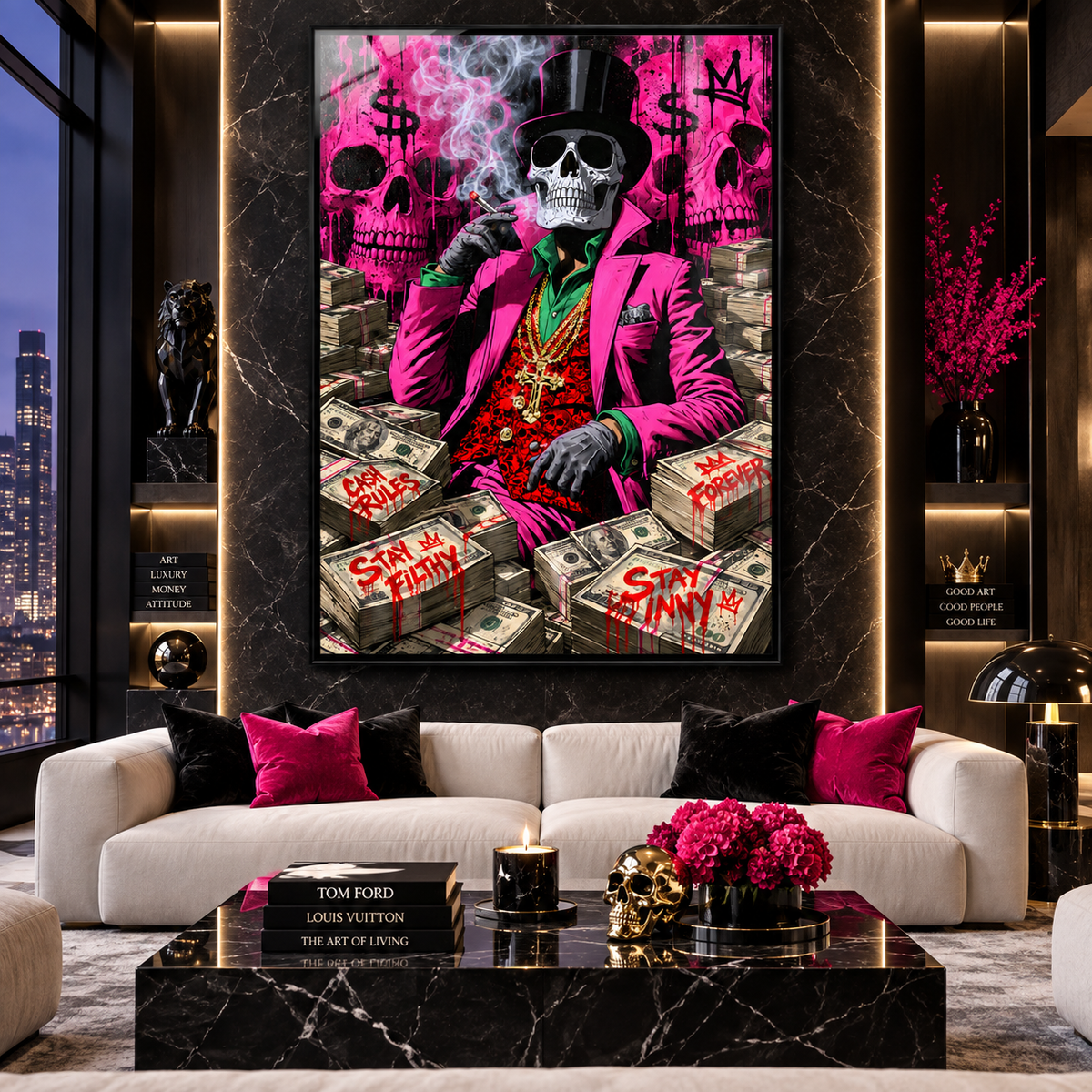 Gangster wall art – pink skeleton in a top hat with gold chains and stacks of cash, pop-art acrylic print, front view, by Rossetti Art