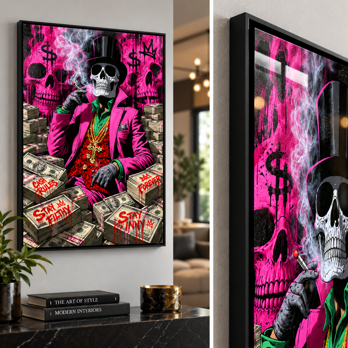 Gangster wall art – pink skull pop-art acrylic print in a black frame above a sofa in a modern living room by Rossetti Art