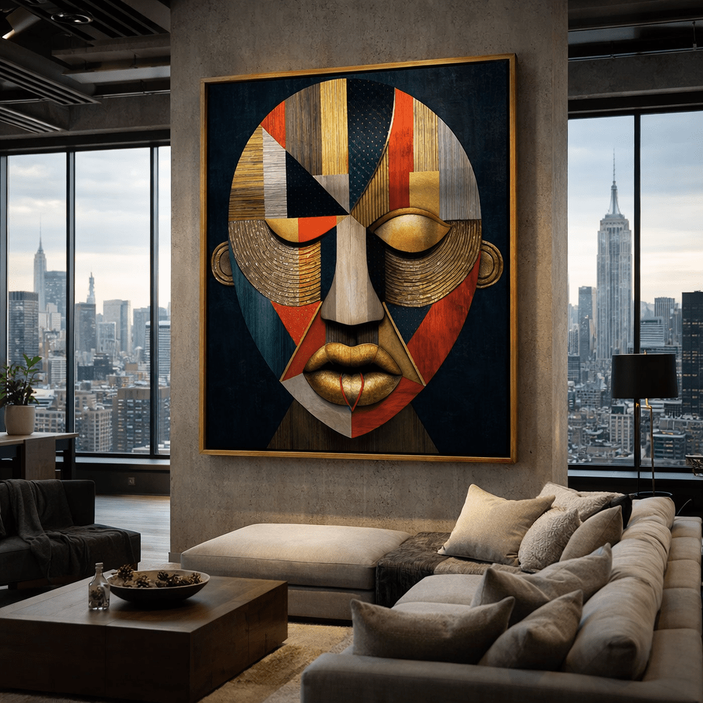 Geometric Mask Portrait Canvas Print – Black Gold Red Cubist Wall Art, Framed Modern Luxury Decor | Rossetti Art modern abstract canvas wall art by Rossetti Art – luxury interior design artwork for living room, bedroom, office – canvas print art Chiara Rossetti figurative
