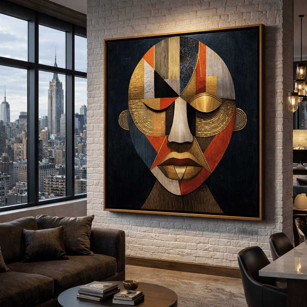 Geometric Mask Portrait Canvas Print – Black Gold Red Cubist Wall Art, Framed Modern Luxury Decor | Rossetti Art modern abstract canvas wall art by Rossetti Art – luxury interior design artwork for living room, bedroom, office – canvas print art Chiara Rossetti figurative