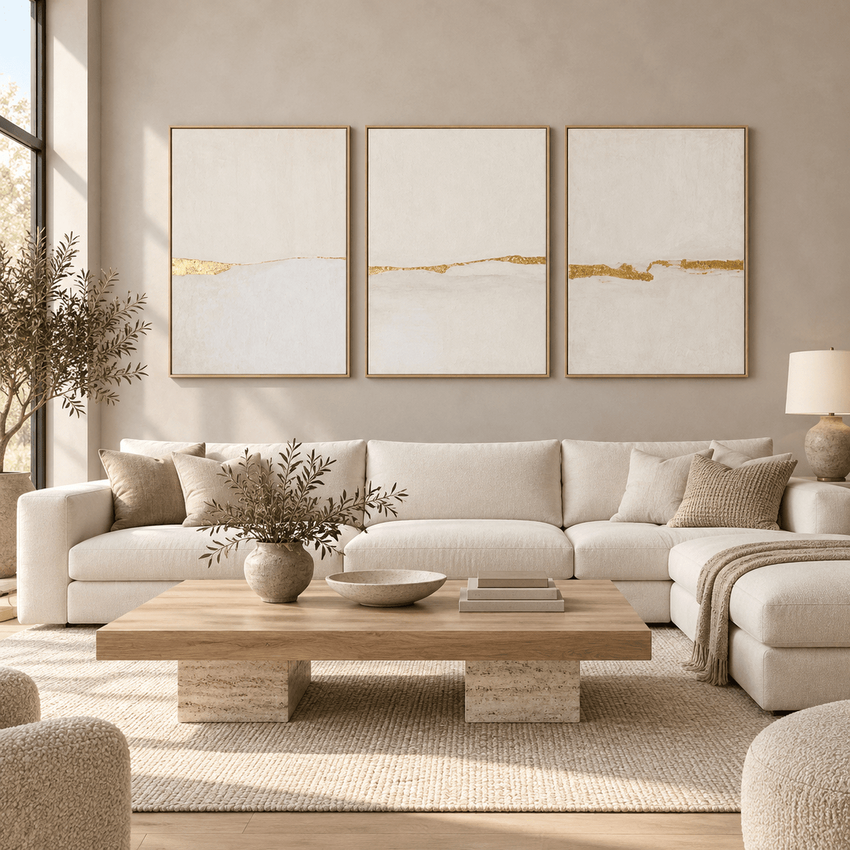Gold Leaf Wall Art — Gilded Horizon triptych hanging above a cream sectional sofa in a minimalist living room