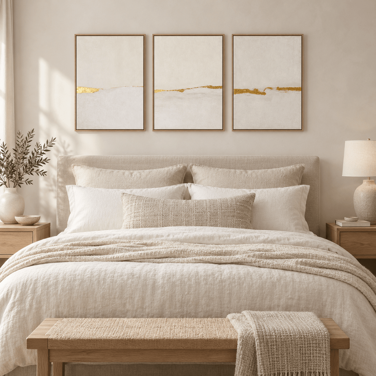 Gold Leaf Wall Art — Gilded Horizon triptych hanging above a bed in a cozy neutral bedroom