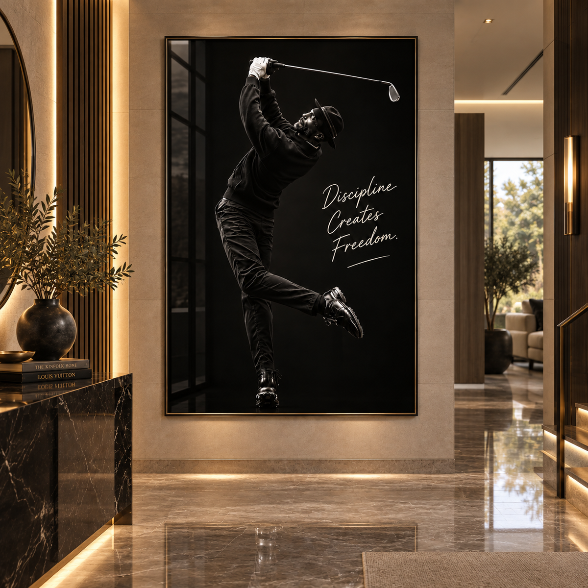 Golf office decor – Discipline Creates Freedom black golfer acrylic print with white script above a marble console in a luxury entryway by Rossetti Art